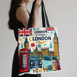Reusable Grocery Tote Bag Women London-Themed Design Big Ben Red Phone Booths Union Jack Polyester Large Capacity Shopping Bag
