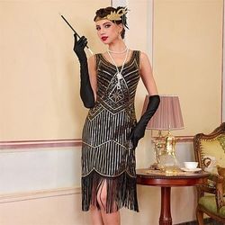 Anni Ruggenti Anni 1920 Lunghezza al ginocchio Abito Flapper Senza maniche Il grande Gatsby Paillettes Frange Scollo a V Costume Per donna Natale Carnevale speakeasy Mascherata Festa a tema retrò