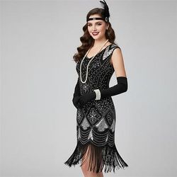 Set Anni Ruggenti Anni 1920 Lunghezza al ginocchio Abito Flapper Abiti Set di accessori con accessori Senza maniche Il grande Gatsby Invitato al matrimonio Paillettes Frangia con nappe Paillettes
