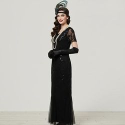 Set Anni Ruggenti Anni 1920 Lunghezza alla caviglia Vestito Abito da sera Abiti con accessori Maniche corte Il grande Gatsby Charleston Invitato al matrimonio Piuma Scollo a V Costume Per donna