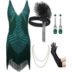 Set Anni Ruggenti Anni 1920 Mini Vestito Abito Flapper Abiti con accessori Senza maniche Il grande Gatsby Charleston Paillettes Frangia con nappe Piuma Scollo a V profondo Costume Per donna Carnevale