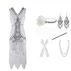 Set Anni Ruggenti Anni 1920 Lunghezza al ginocchio Lunghezza corta Vestito Abito Flapper Abiti con accessori Senza maniche Il grande Gatsby Invitato al matrimonio Paillettes Frangia con nappe
