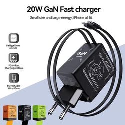 2 In 1 GaN 120W Fast Charger With Retractable Type C And Lightning Cable orange Eu