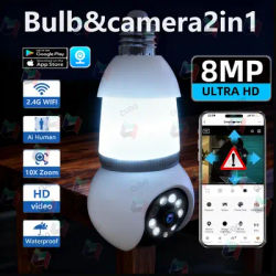 Caméra sans fil E27 avec ampoule LED 8MP, surveillance IP WiFi, caméra PTZ avec audio bidirectionnel, suivi intelligent AI et alarme, moniteur HD