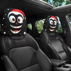 2 copri poggiatesta auto divertenti natalizi con occhi espressivi e naso sorriso - morbido e ammortizzato per tutte le stagioni, adatto per auto, nero design del quadrante rosso/bianco - compatibile
