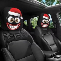 2 copri poggiatesta auto divertenti natalizi con occhi espressivi e naso sorriso - morbido e ammortizzato per tutte le stagioni, adatto per auto, nero design del quadrante rosso/bianco - compatibile