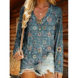Per donna Maglietta Floreale Grafico Piante Elegante Bohemien Vintage Manica Lunga Scollo a V Top Regolari Quotidiano Uscire Weekend Stampato Blu Verde chiaro Blu turchese Viola Verde Primavera