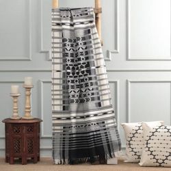 Classic Elegance,'Black and White Handwoven Cotton Throw with Geometric Theme'