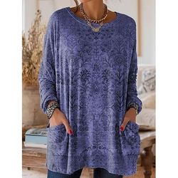 Per donna Maglietta Floreale Grafico Piante Vintage Moda Elegante Manica Lunga Girocollo Top Regolari Quotidiano Uscire Weekend Tasca Stampato Blu Rosso Viola Verde Cachi Primavera Autunno Inverno