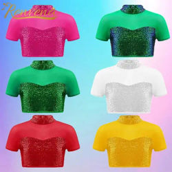 Enfants brillant paillettes hauts à manches courtes T-shirt T-shirts pour filles col montant maille épice Hip-hop Jazz danse haut court Costume