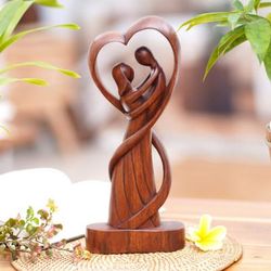 'Hand-Carved Romantic Suar Wood Sculpture of Dancing Couple'