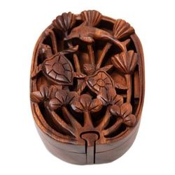 'Marine-Themed Brown Suar Wood Puzzle Box Handcrafted in Bali'