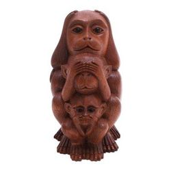 Three Monkey Sages in Brown,'Three Wise Monkeys Brown Hand Carved Wood Statuette'
