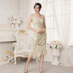 Anni Ruggenti Anni 1920 Lunghezza al ginocchio Vestito Nozze Addio al celibato Senza maniche Il grande Gatsby Charleston Invitato al matrimonio Paillettes Patchwork Scollo a V Costume Per donna