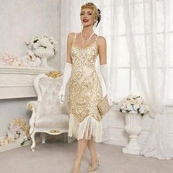 Anni Ruggenti Anni 1920 Lunghezza al ginocchio Vestito Nozze Addio al celibato Senza maniche Il grande Gatsby Invitato al matrimonio Paillettes Frangia con nappe Scollo Tondo Costume Per donna Natale