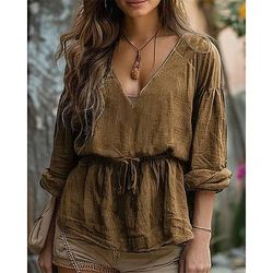 Per donna Maglietta Patchwork Tinta unica Elegante Vintage Moda Manica Lunga Scollo a V Top Regolari Quotidiano Uscire Weekend Blu Nero Marrone chiaro Rosa Primavera Autunno