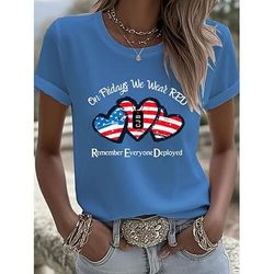 Maglietta patriottica per donne del Giorno dell'Indipendenza Stampa grafica Lettera Vintage Elegante Classico Manica corta Scollo tondo Normale Tops Giornaliero Fine settimana Stampa Blu Bianco Rosso