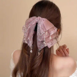 Burgundy Crystal Tassel Hair Clip - Watercolor Floral Design with Large Bow, Elegant Half-Up Hair Claw for Women