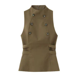 Nouvelle mode femmes col haut sans manches bouton haut élégant Chic dame débardeurs