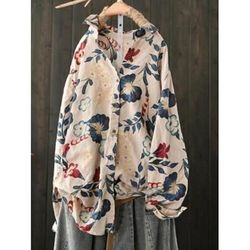 Blusa da donna in lino simile a cotone finto camicia con bottoni stampa floreale vintage elegante casual a maniche lunghe colletto lunghi top quotidiano albicocca primavera autunno