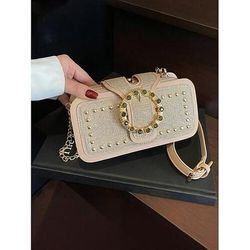 Borsa a tracolla da donna in similpelle di grande capacità con tracolla a catena, design vintage con fibbia borchiata, borsa a tracolla e a tracolla multicolore per spostamenti quotidiani, viaggi, appuntamenti e uscite informali