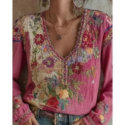 Per donna Camicia Camicia Boho Blusa Ricamato Floreale Grafico Bohemien Vintage Elegante Manica Lunga Scollo a V Top Regolari Quotidiano Ferie Uscire Rosa Estate Primavera
