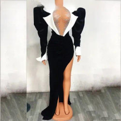 Long Tail Skirt Set Birthday Celebrate Dance Outfit Women Singer Evening Costume Sexy Black Velvet Big Sleeves 2Pcs Bodysuit