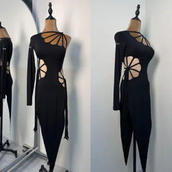 Sexy Latin Dance Dress Women Irregular Hollow Out Black Dress Rumba Tango Dance Performance Clothes Party Club Dress DNV25680