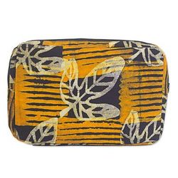 Leafy Companion,'Batik Cotton 10 Inch Tablet Sleeve Leaf Motifs from Ghana'