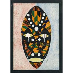 Festive Face,'Signed African Mask Cotton Batik Wall Art from Ghana'