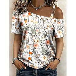 Per donna Maglietta Stampato Floreale Grafico Vintage Elegante Classico Manica Corta Collo asimmetrico Top lunghi Quotidiano Uscire Weekend Blu Bianco Estate Primavera