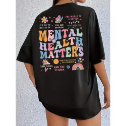 T-shirt pour femme Mental Health Matters - Motif positif, haut décontracté noir surdimensionné