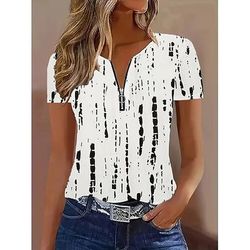 Per donna Maglietta Blocco di colore Zip a un quarto Grafico Geometrico Vintage Tropicale Hawaiano Manica Corta Girocollo Top lunghi Quotidiano Sportivo Uscire Blu Bianco Blu Reale Estate Primavera