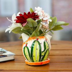 'Coffee Pot-Shaped Ceramic Cactus Mini Planter with Saucer'
