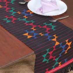 Magical Constellations,'Handwoven Fringed Cotton Table Runner with Geometric Motifs'