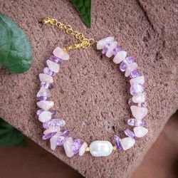 'Gold-Accented Rose Quartz Amethyst Cultured Pearl Bracelet'