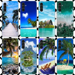 Coque de téléphone pour Samsung Galaxy A17 A37 A57 A16 A26 A36 A56 A15 A25 A35 A55 A14 A24 A34 A54 A13 avec motif de palmiers, coucher de soleil et mer, idéale pour l'été et la plage