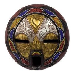 Promise of Prosperity,'Bead and Brass Repousse African Wall Mask with Animal Motifs'