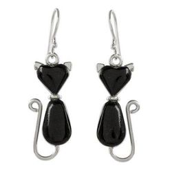 Cats of Love in Black,'Jade Cat Dangle Earrings in Black from Guatemala'