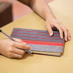 'Striped Red and Grey Cotton 50-Page Notebook with Pocket'