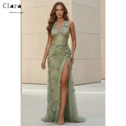 Robe de soirée longue Clara personnalisée verte à fleurs 3D avec fente latérale et coupe sirène pour femme, idéale pour les fêtes de luxe 2026