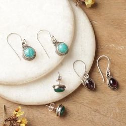 'Folk Art 3-Piece Gemstone Dangle and Button Earring Set'