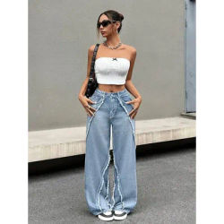 Pantalon en jean taille haute pour femme, coupe droite, ample, confortable, style rétro, bords frangés, décontracté, streetwear