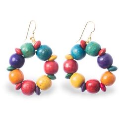 'Hoop-Shaped Wood Beaded Dangle Earrings in Vibrant Shades'
