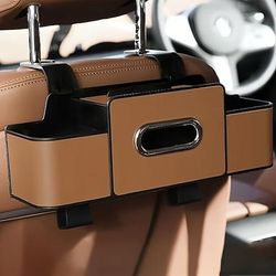 Organizzatore 3 in 1 per sedile posteriore auto, organizer portaoggetti per sedile posteriore in similpelle con dispenser di fazzoletti e doppio portabicchieri, organizer multifunzionale per sedile