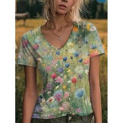 Per donna Maglietta Stampato Floreale Grafico Vintage Elegante Classico Manica Corta Scollo a V Top Regolari Casuale Quotidiano Uscire Blu Verde Estate Primavera