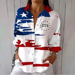 Giorno dell'Indipendenza Americana Per donna Camicia Arricciato Patchwork Bottoni Grafico Bandiera Vintage Elegante Manica Lunga Manica a Volant Manica a Campana Colletto a Camicia Top Regolari