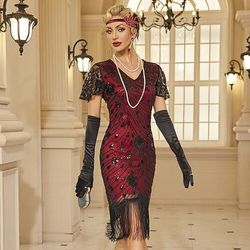 Anni Ruggenti Anni 1920 Lunghezza al ginocchio Vestito Maniche corte Il grande Gatsby Charleston Paillettes Tubino Colonna Scollo a V Costume Per donna Halloween Carnevale Mascherata Festa a tema