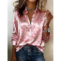 Per donna Camicia Grafico Geometrico Blocco di colori Vintage Elegante Essenziale Manica Lunga Colletto a Camicia Top lunghi Quotidiano Ferie Verde / rosso Verde e blu Rosa Estate Primavera