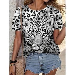 Per donna Maglietta Stampato Grafico Leopardo Vintage Elegante Casual Manica Corta Girocollo Top Regolari Casuale Quotidiano Nero Arcobaleno Estate Primavera